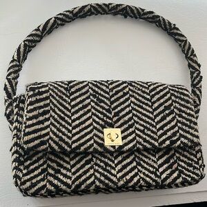 ANINE BING Nico shoulder bag in fishbone patterned black and cream wool